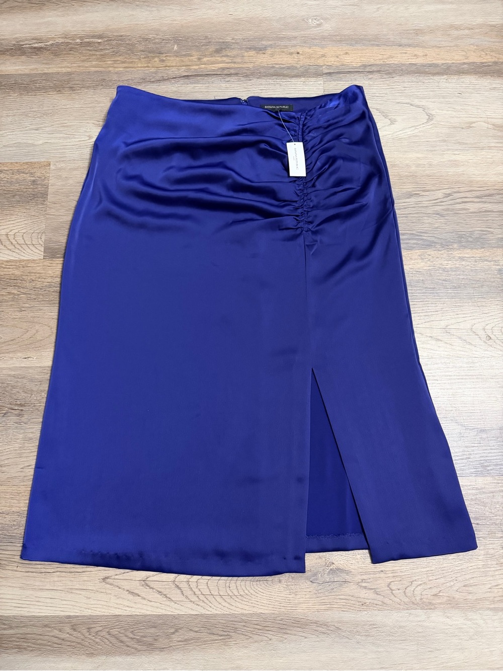 Banana Republic Satin Midi Skirt in Royal Blue with Side Ruched Slit